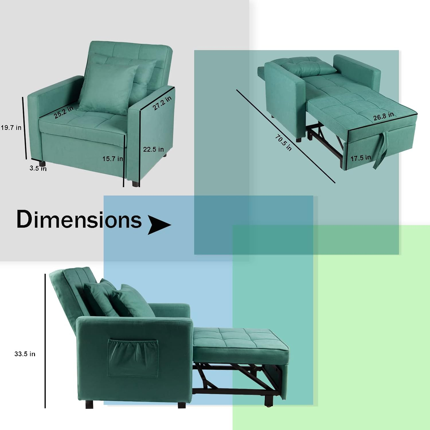 BETISEF Sofa Bed 3 in 1 Convertible Chair Bed Lounger Sleeper Chair Single Recliner for Small Space Adjustable Backrest