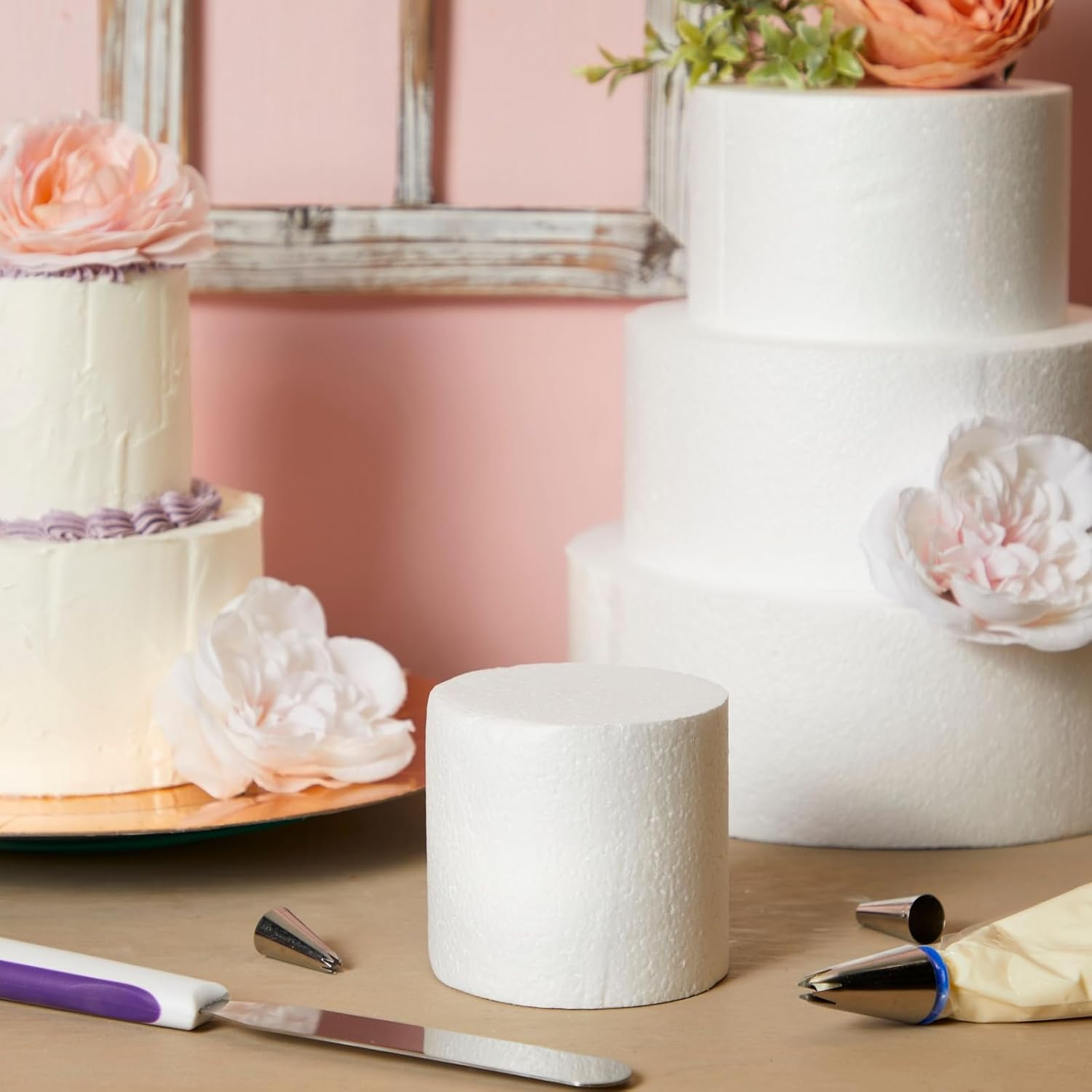 4 Tier Round Foam Cake Dummy Set, 4" 6" 8" 10" Fake Wedding Cake Dummies for Display, Decorating, 14.4" Tall Dummies (White)