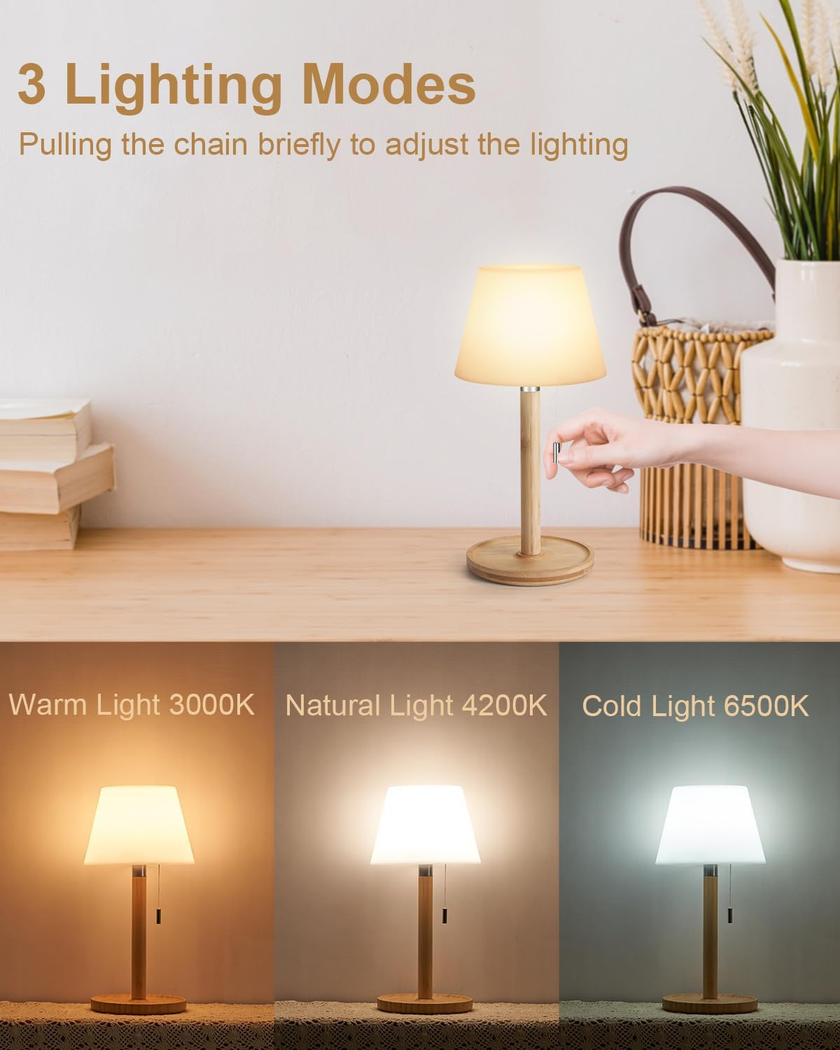 Outdoor Waterproof Table Lamp for Patio, Small Cordless Battery-Operated Lamp, Rechargeable Shower Light, 3 Lighting Modes Desk Light with Pull Chain Garden Outside Camping Restaurant, Wood Grain