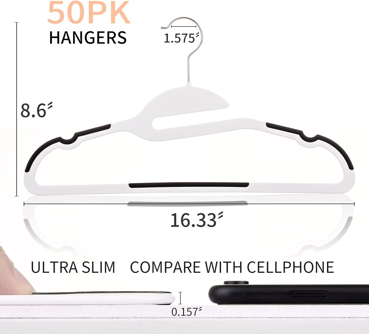 50PK Coat Hangers Non Slip - Space Saving Plastic Clothes Hangers, Slim Pant Hangers, U-Slide, Heavy Duty, 360°Swivel Hook, White