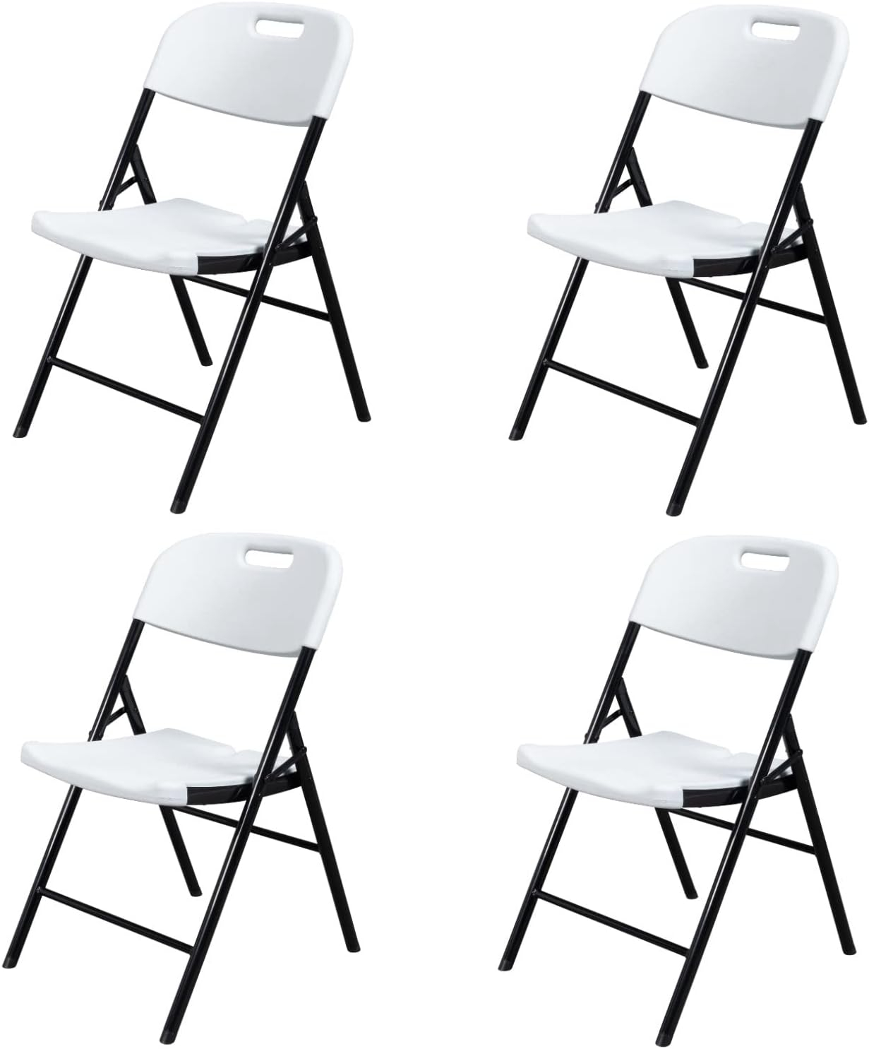 Hassch Plastic Folding Chairs Set of 4, Indoor Outdoor Stackable Chairs with White Seat & Back, Black Steel Frame, Used for Party, Garden, Patio, Dining, Wedding, Camping