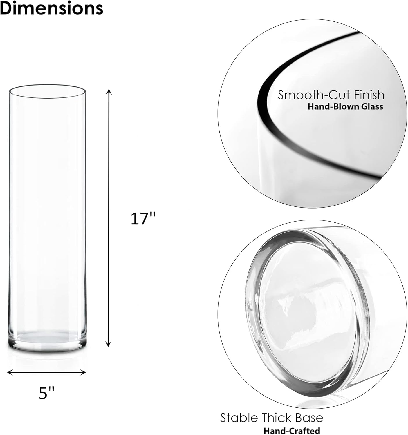 CYS EXCEL Glass Cylinder Vase (H:5" D:5") | Multiple Size Choices Glass Flower Vase Centerpieces | Hurricane Floating Candle Holder Vase