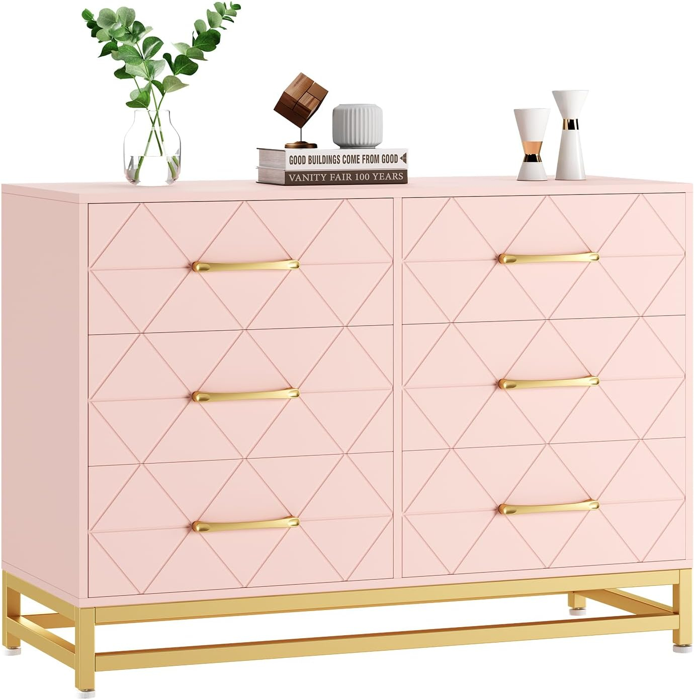 Yesurprise 6 Drawers Dresser for Bedroom TV Stand Dressers Chest of Drawers for Living Room Hallway Entryway Pink