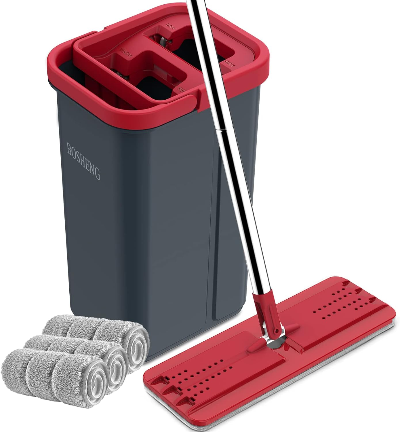 BOSHENG Hands-Free Mop and Bucket Set with 3 Washable Pads, Wet/Dry Floor Cleaning System, Red/Black