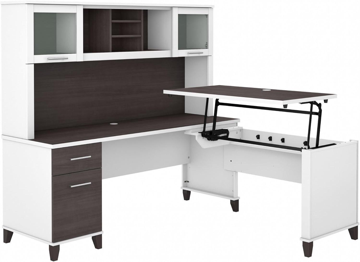 Bush Furniture Somerset 72" Sit to Stand L Desk & Hutch, Storm Gray & White