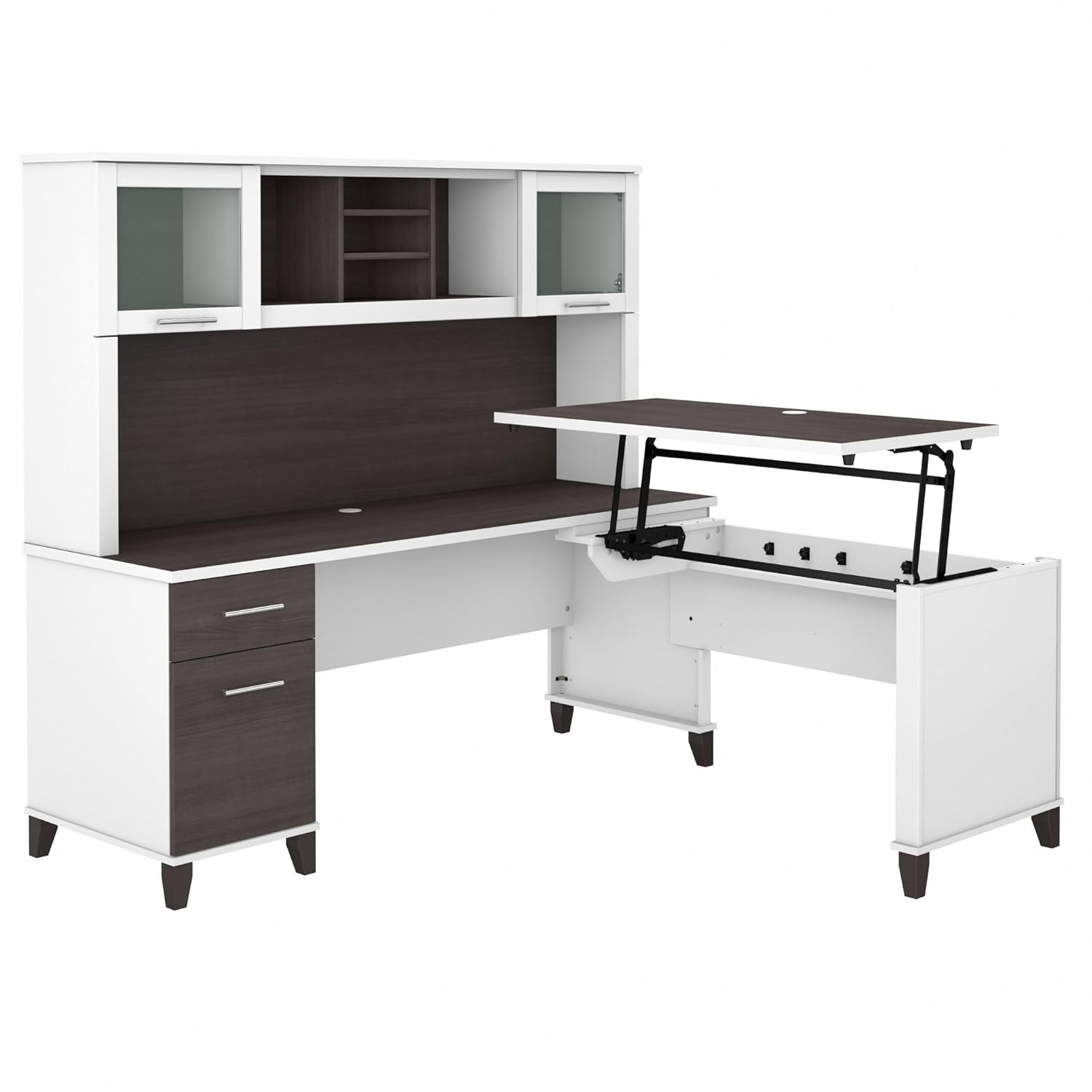 Bush Furniture Somerset 72" Sit to Stand L Desk & Hutch, Storm Gray & White