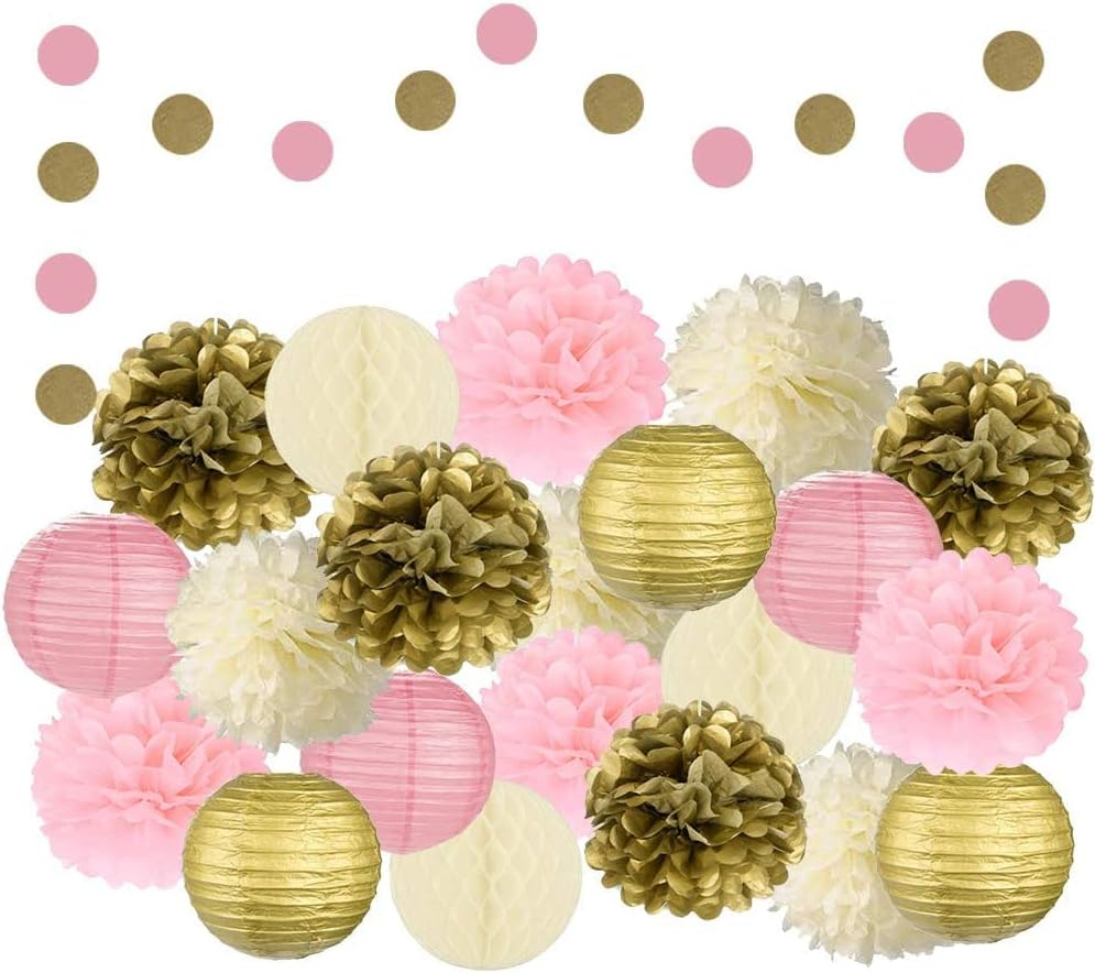 EpiqueOne 22pc Pink, Gold, and Ivory Decorative Party Decoration Kit with Paper Pom Poms and Lanterns