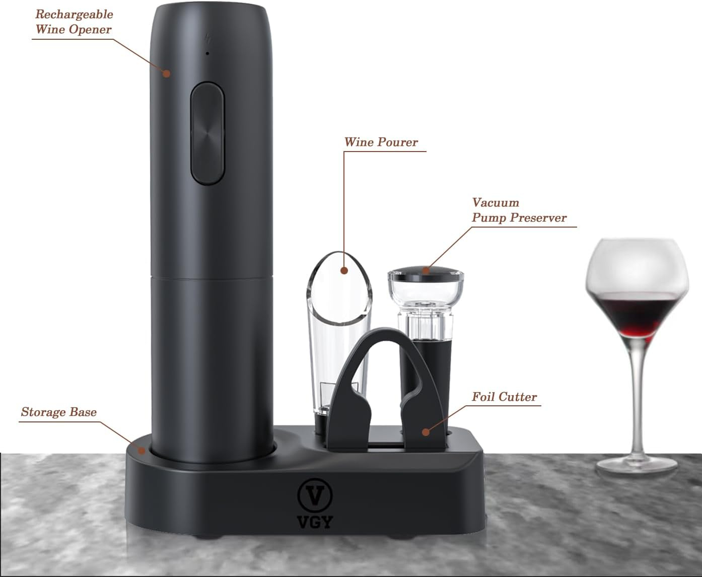 Electric Wine Opener Set, Rechargeable Electric Wine Bottle Opener With Charging Base, Foil Cutter, Wine Aerator And Vacuum Stopper, Gifts For Wine Lovers, Black