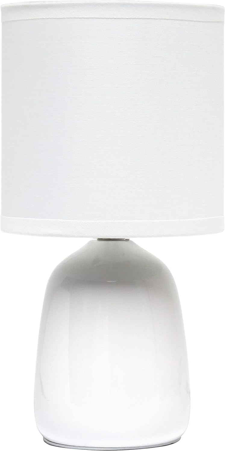 Simple Designs 10.04" Tall Traditional Ceramic Thimble Base Bedside Table Desk Lamp with Matching Fabric Shade for Home Decor, Nightstand, Bedroom, Living Room, Entryway, Office, Off White