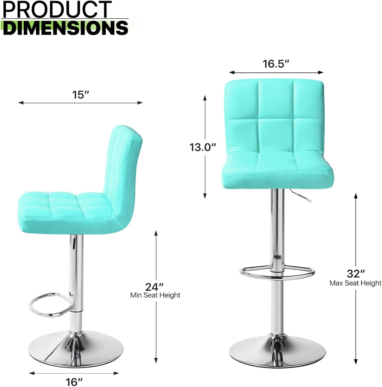 Magshion Modern Square Faux Leather Adjustable Bar Stools with Back, Set of 2, Counter Height Swivel Stool, Barstools for Kitchen Counter, Teal Blue