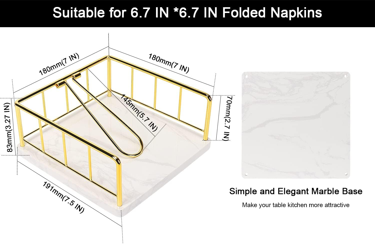 Livabber Flat Napkin Holder, Metal Kitchen Napkin Holder with Weighted Tension Arm Rustic Tissue Paper Dispenser for Countertop, Table Kitchen, Dining Room (With Marble Base, Gold)