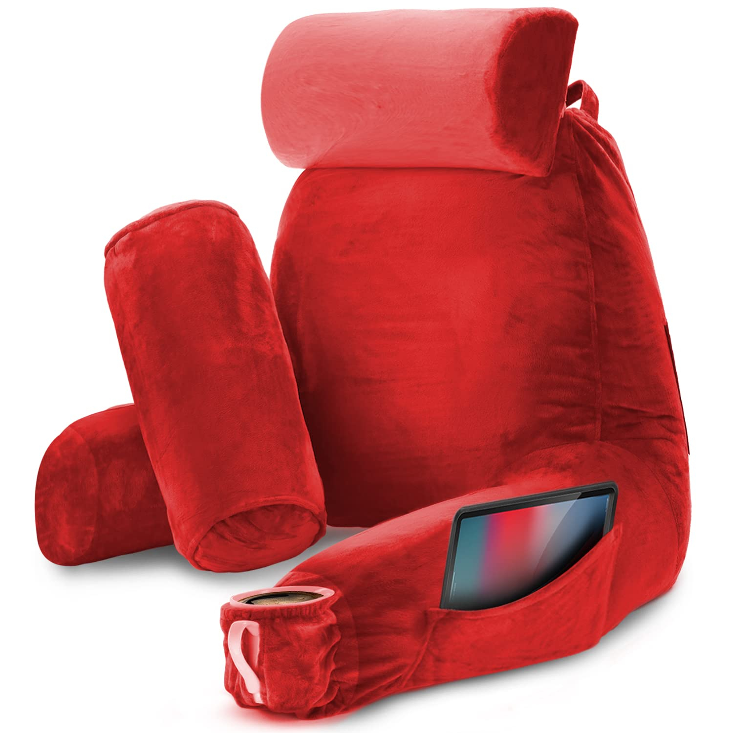 Nestl Reading Pillow with Shredded Memory Foam Includes 2 Neck and Lumber Support Pillows, Designed for Sitting Up in Bed and Couch, Back and Arms Adjustable Support for Adult & Teens, Red