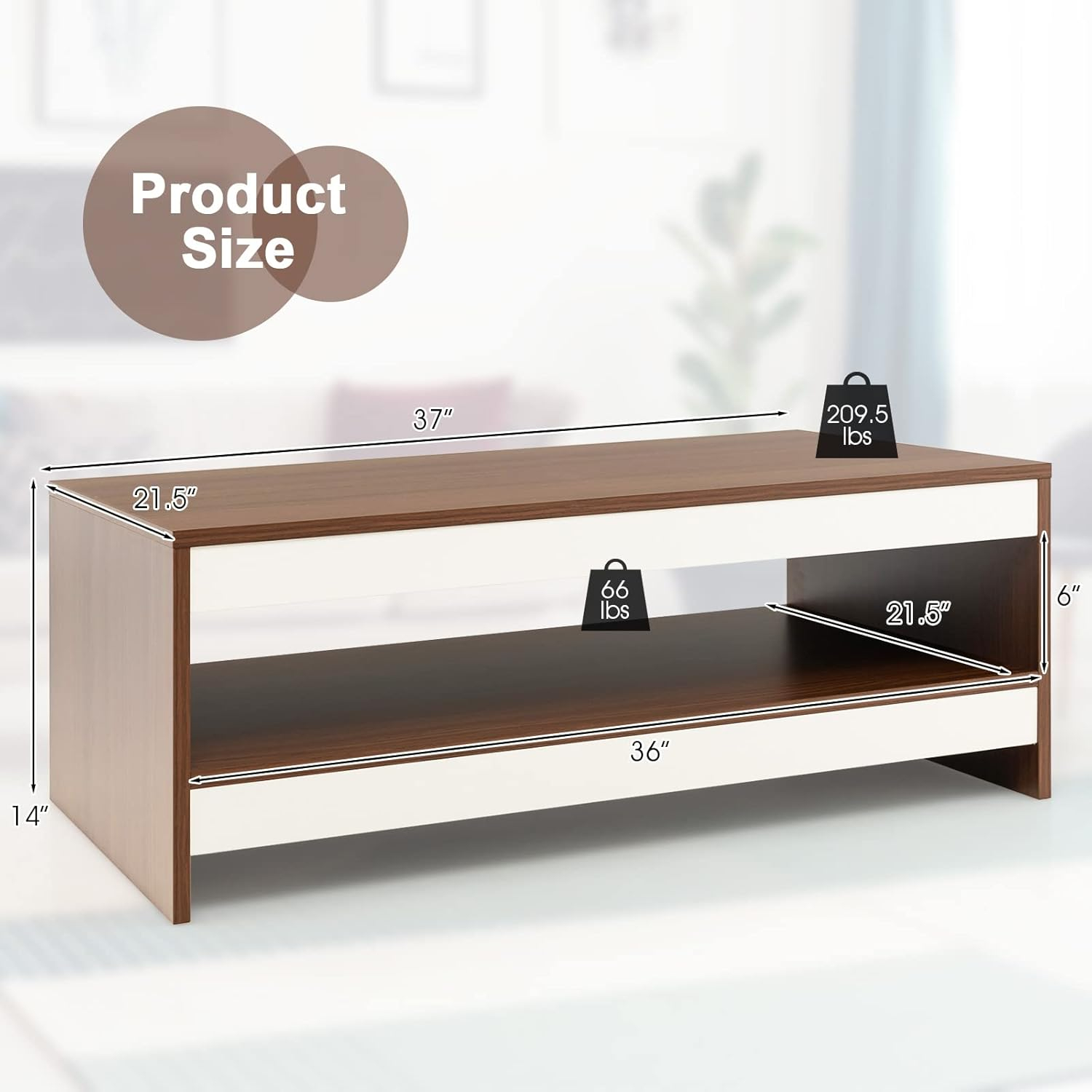 Tangkula Modern Coffee Table for Living Room, 2-Tier Rectangle Coffee Table with 37" Large Tabletop and Open Shelf, Wood Central Tea Table, Cocktail Table for Reception Office (Brown)