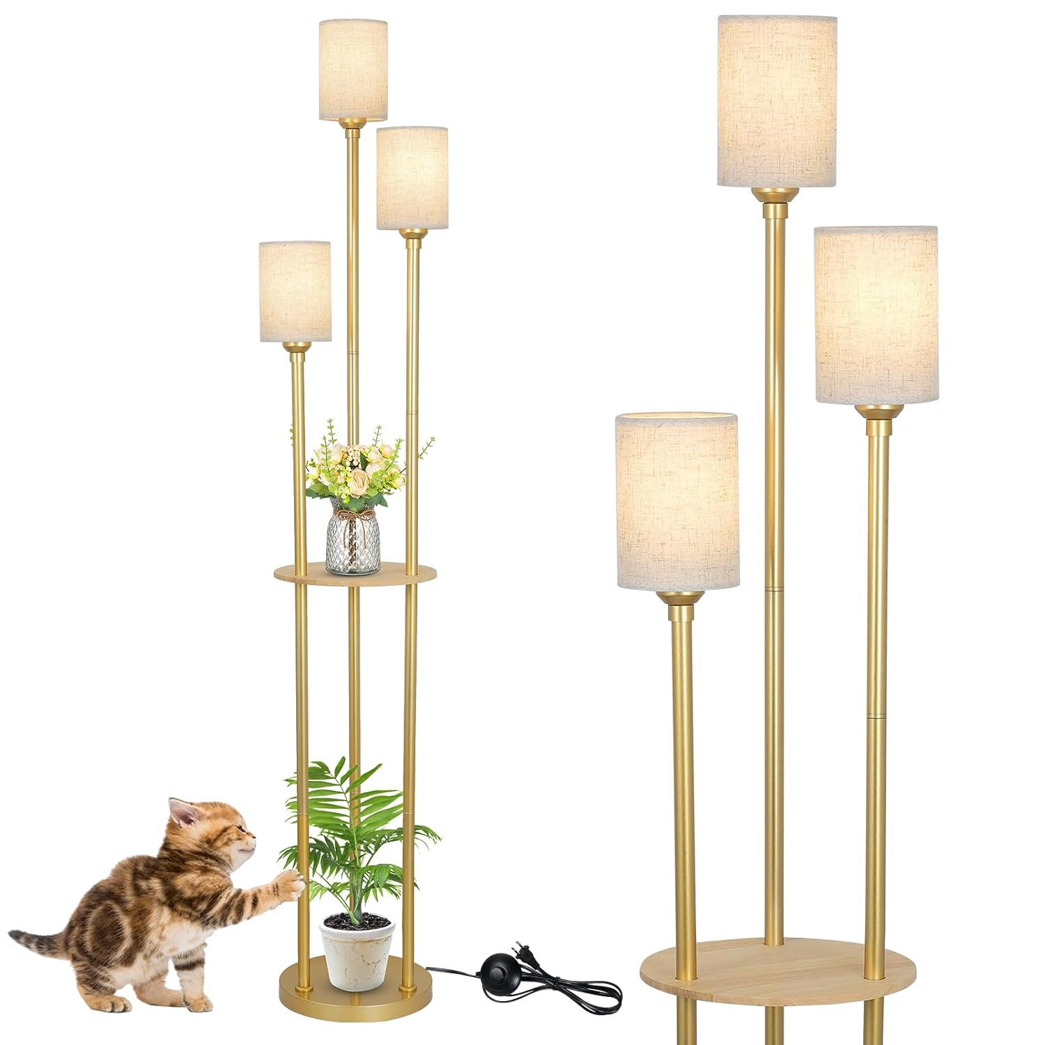 Floor Lamps for Living Room, 3-Lights Modern Floor Lamp with Shelves, Gold Standing Lamp with Fabric Shade and Foot Switch, Shelf Standing Lamps with Table, Tall Table Lamps for Bedroom Office
