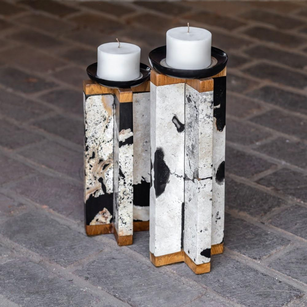 Black and Brown Teak Wood Stone Candle Holders Set