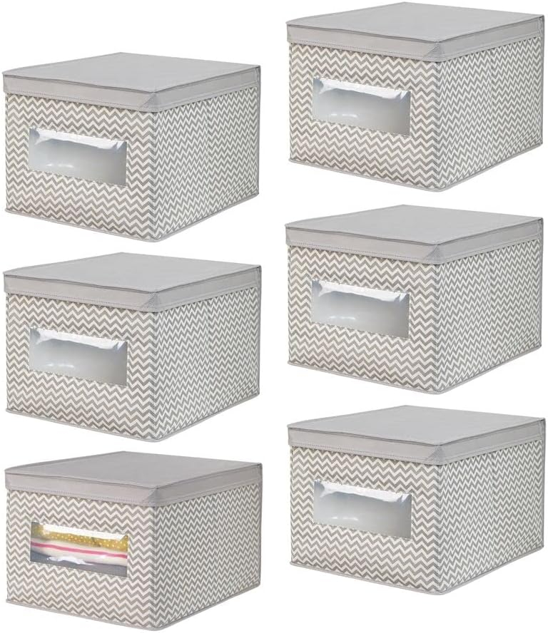 mDesign Large Fabric Closet Box with Window/Lid, 6 Pack, Taupe/Natural Chevron
