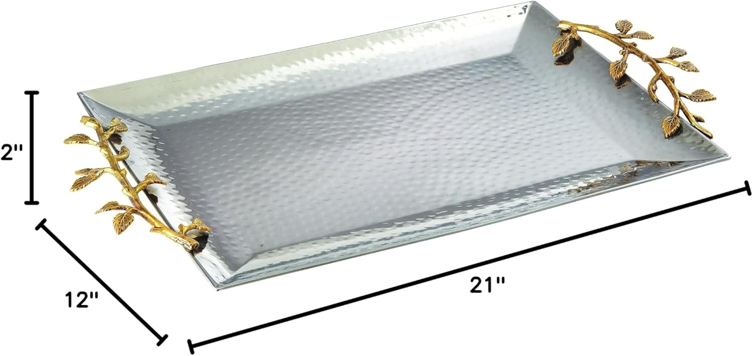 Leeber 70038 Elegance Gilt Leaf Rectangular Stainless Steel Tray, 21 x 12 in.