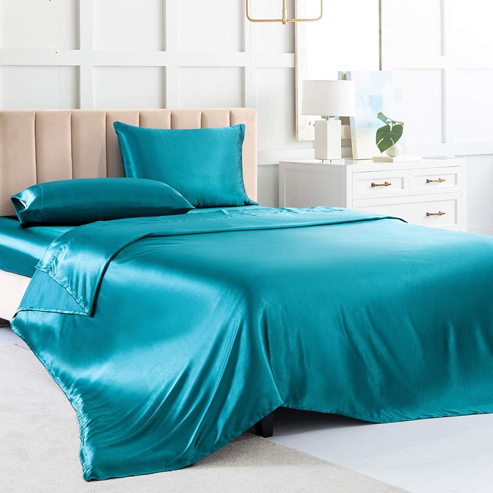 Satin Bed Sheets Full Size Sheet Sets, Teal Silk Sheets, 4 - Pieces Soft Bedding Set with 1 Deep Pocket Fitted Sheet,1 Flat Sheet,2 Pillowcase
