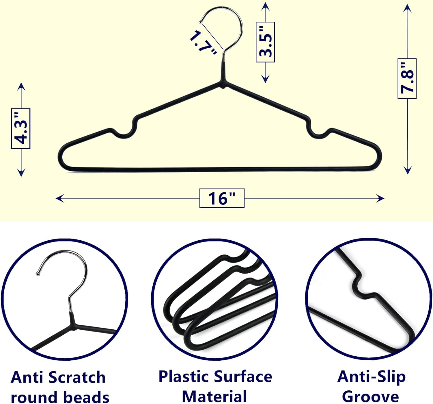 Amber Home 16" Non-Slip Rubber Coated Metal Suit Coat Hangers 20 Pack, Heavy Duty Clothes Hanger with Chrome and Black Friction, Metal Shirt Jacket Hanger with Round Notches for Dress