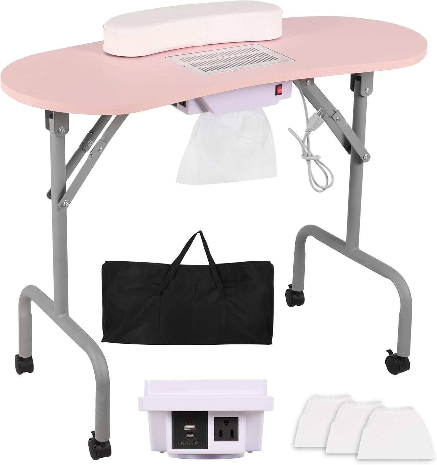Portable Manicure Table Foldable Nail Desk with Large Drawer Nail Tech Table for Technician Salon Workstation Client Wrist Cushion/Carry Bag/4 Lockable Wheels, 36-inch, Pink