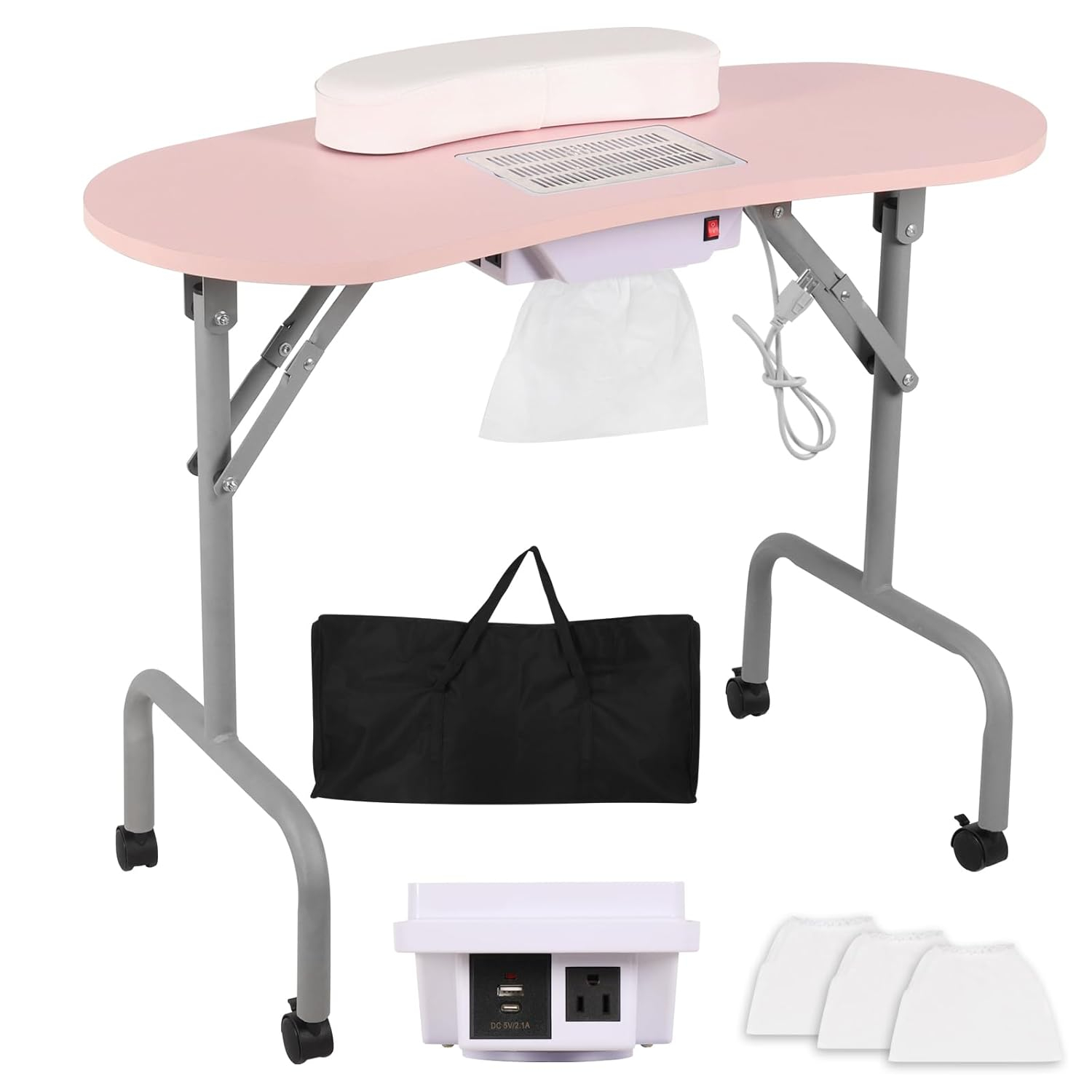 Portable Manicure Table Foldable Nail Desk with Large Drawer Nail Tech Table for Technician Salon Workstation Client Wrist Cushion/Carry Bag/4 Lockable Wheels, 36-inch, Pink