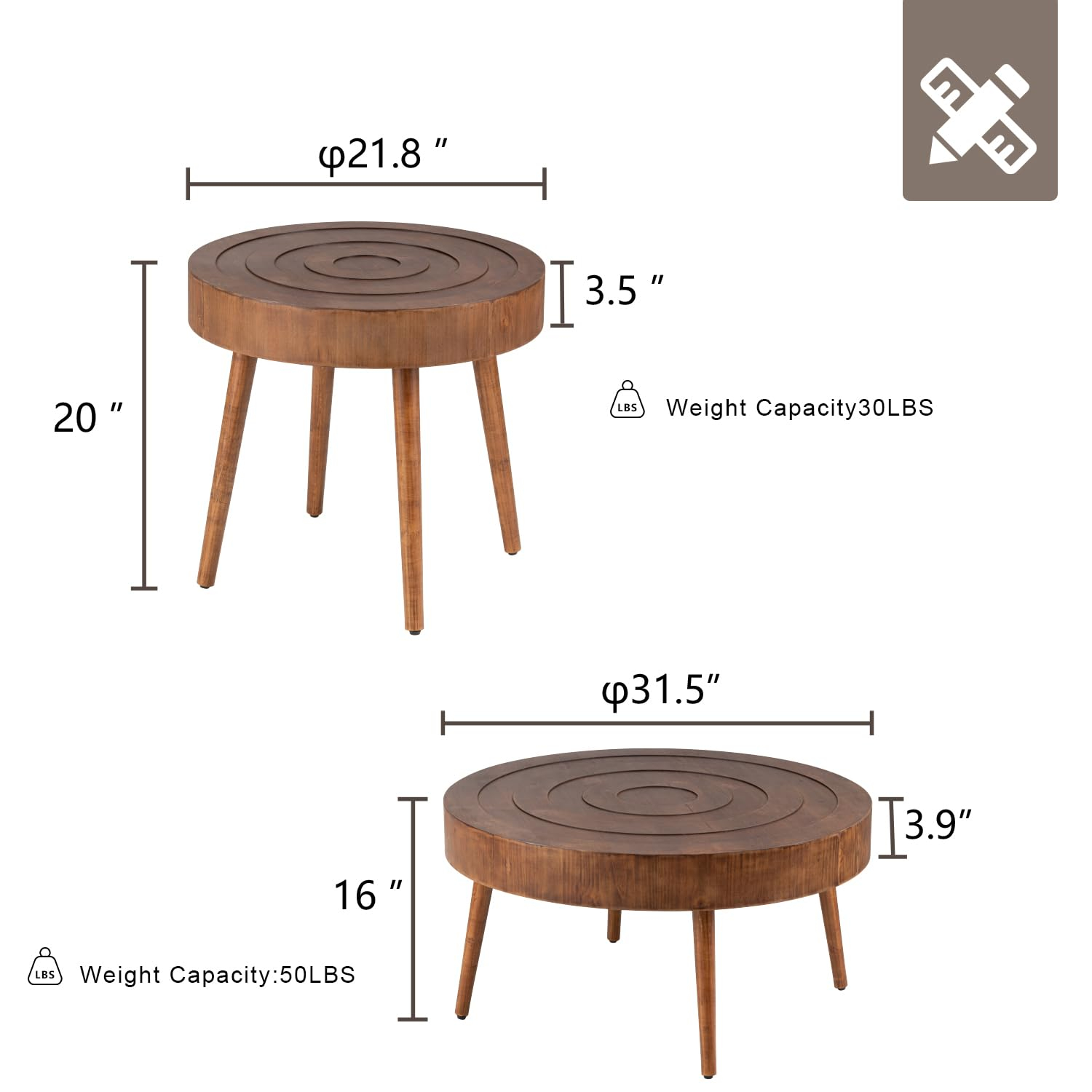 COSIEST 2 Piece Round Coffee Table Set, Modern Nesting Table with Handcrafted Wood Ring Motif, Farmhouse Wood End Table for Living Room