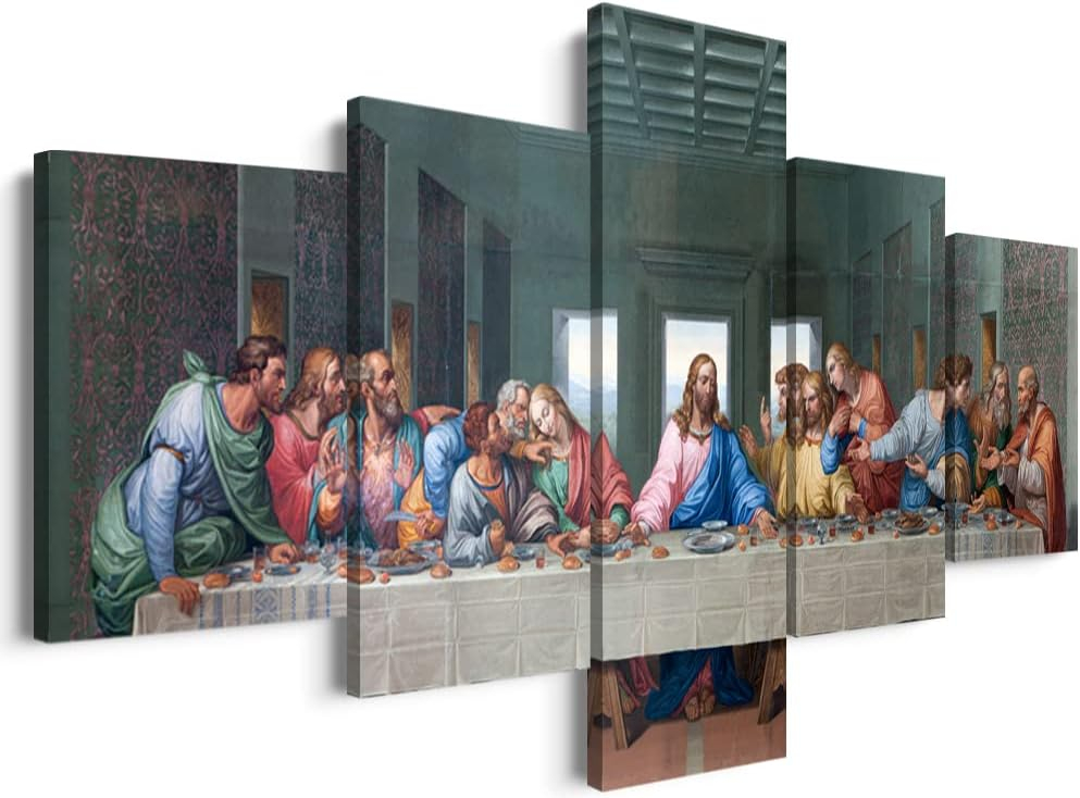 YOUHONG 5 Piece Classic Jesus Wall Art Modern The Last Supper Famous Oil Painting by Da Vinci Reproduction Canvas Giclee Artwork Stretched Ready to Hang for Home Decor (70''W x 40''H)