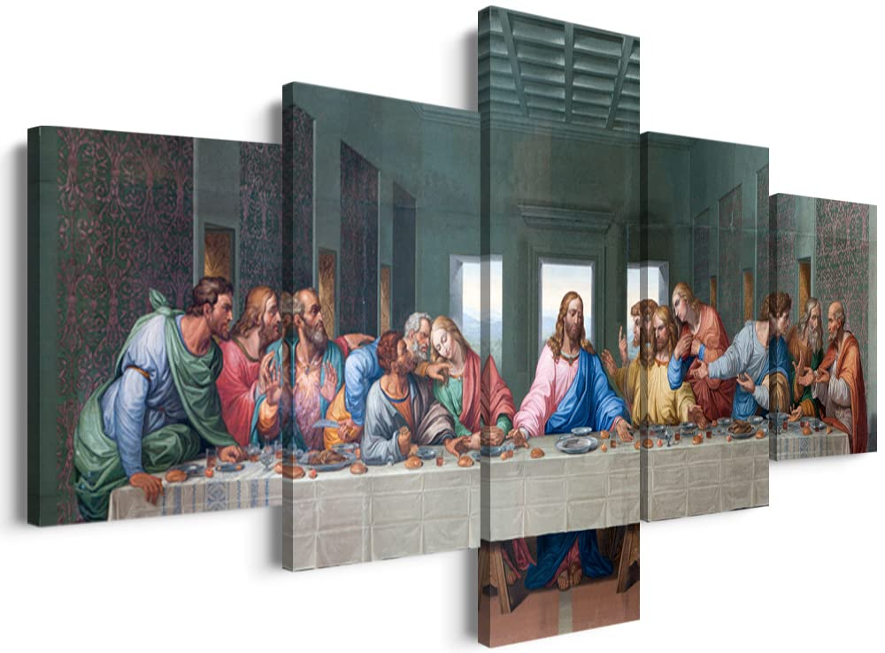 YOUHONG 5 Piece Classic Jesus Wall Art Modern The Last Supper Famous Oil Painting by Da Vinci Reproduction Canvas Giclee Artwork Stretched Ready to Hang for Home Decor (70''W x 40''H)