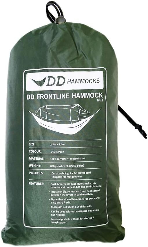 DD Hammocks Frontline Hammock - Olive Green - Portable Lightweight Camping Jungle Hammock with Mosquito Net for Outdoor Backpacking & Hiking