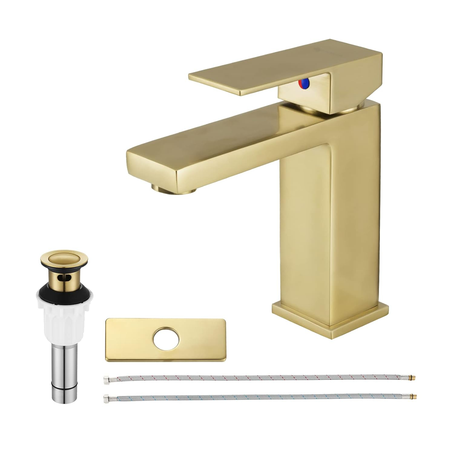 Brass Bathroom Sink Faucet Single Handle Lavatory Vanity Mixer Tap 1 Hole with Deck Plate, Metal Pop-up Drain Assembly & Water Supply Lines (Brushed Gold)