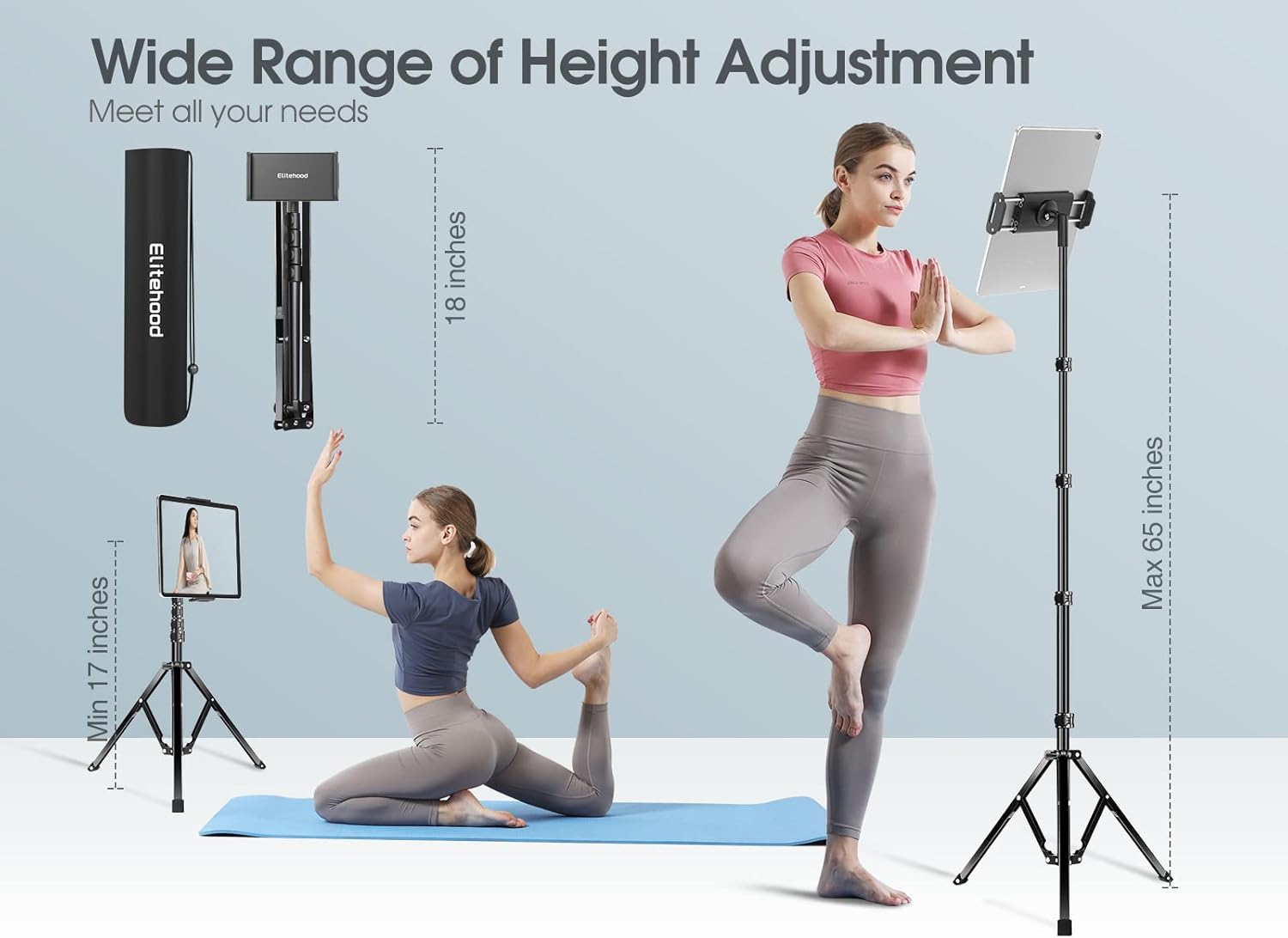 elitehood Aluminum iPad Stand Tripod, 65'' Adjustable Tablet Tripod Holder, 360 Degree Rotating iPad Holder Stand for Floor, Compatible with 4.7-13" Tablets and Phones– Black