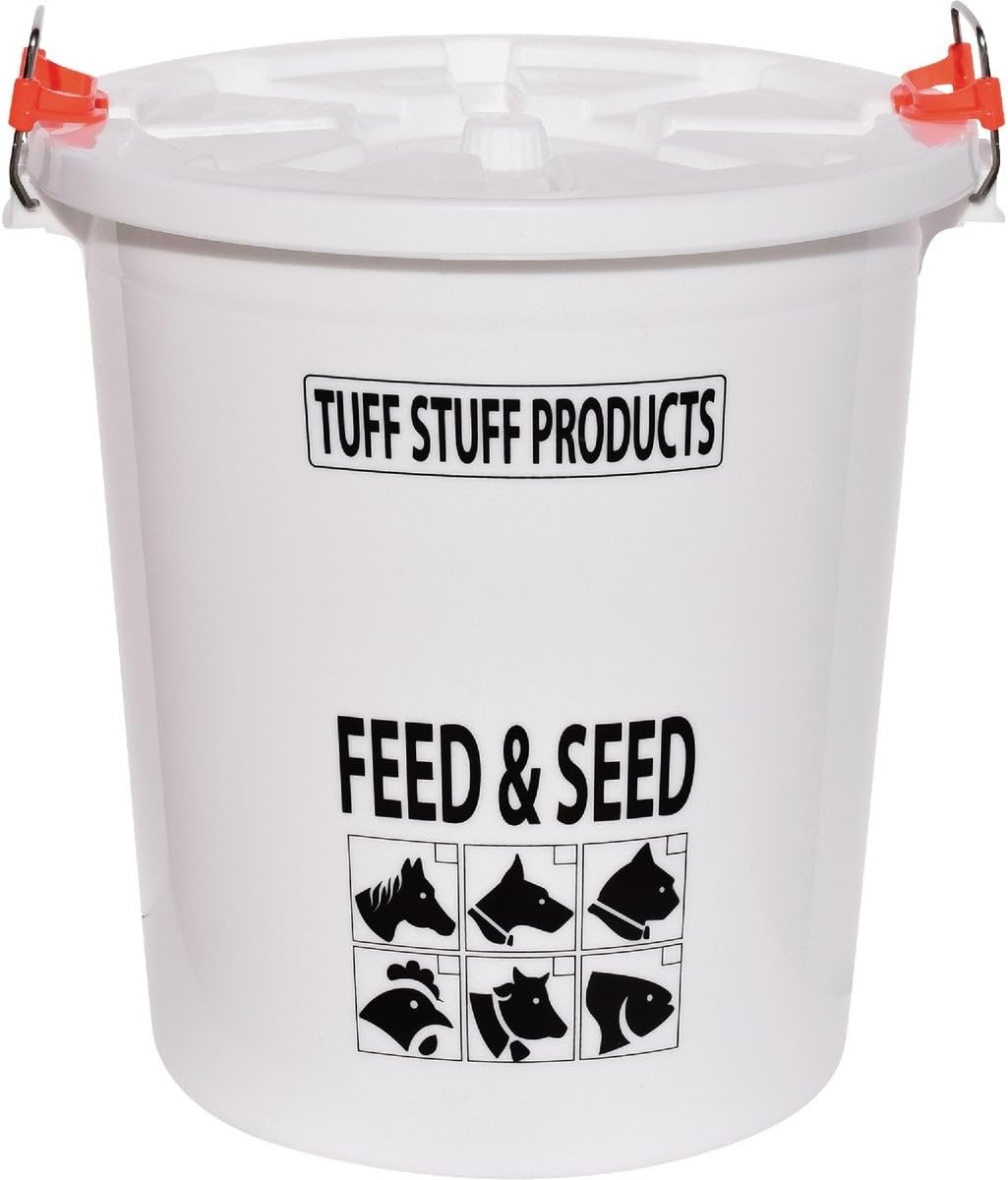 Tuff Stuff Products FS12 12 Gallon Seed and Animal Feed Heavy Duty Plastic Drum Bucket with Lock Lid for Dogs, Cats, Chickens, Cows, and Horses