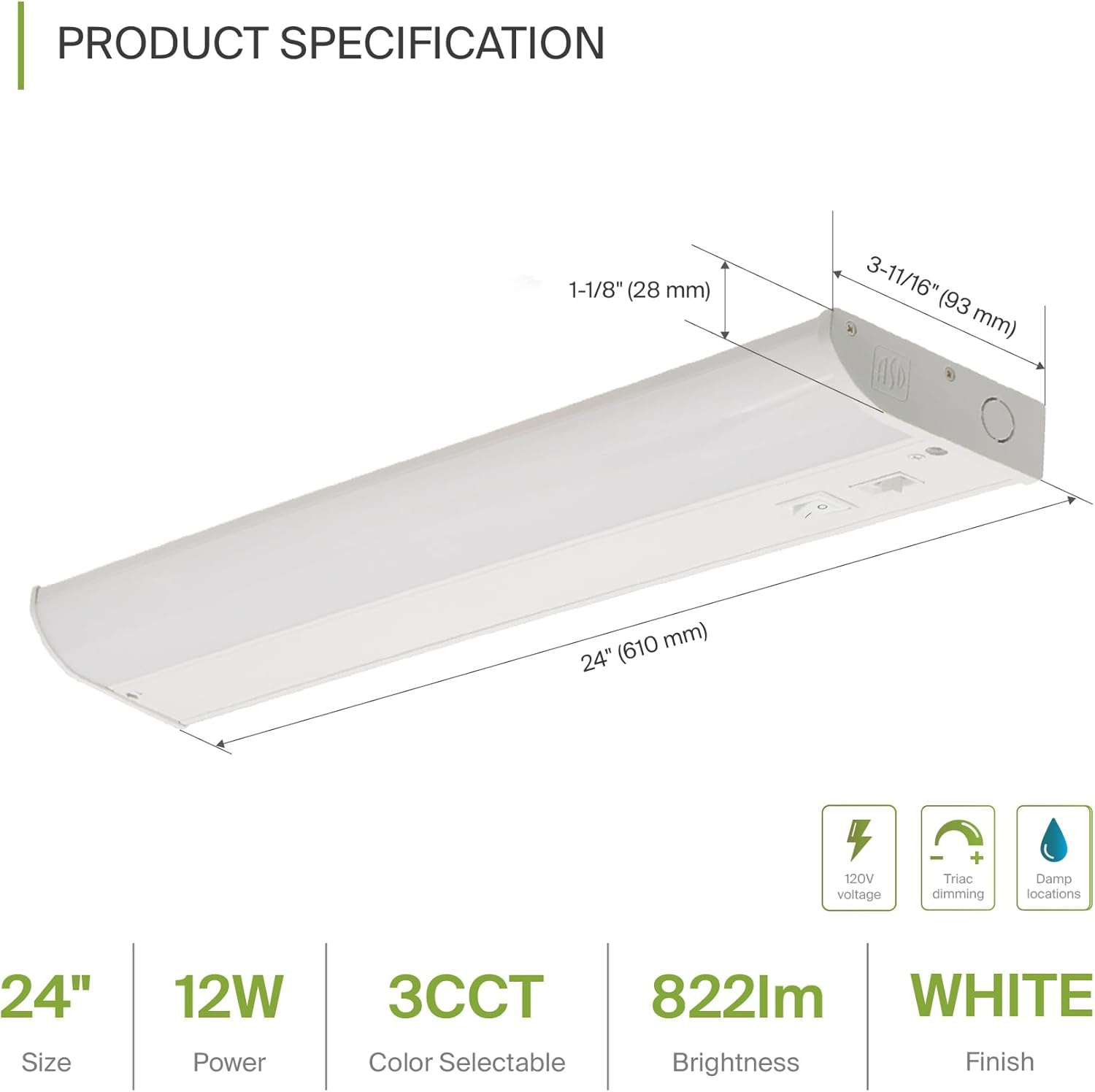 ASD LED Under Cabinet Lighting, 24 inch 12W 822LM, Dimmable Hardwired Under Cabinet Lights for Kitchen, 3000K Soft/4000K Cool/5000K Daylight, Under Counter Light Fixtures, ETL Energy Star White 2 Pack
