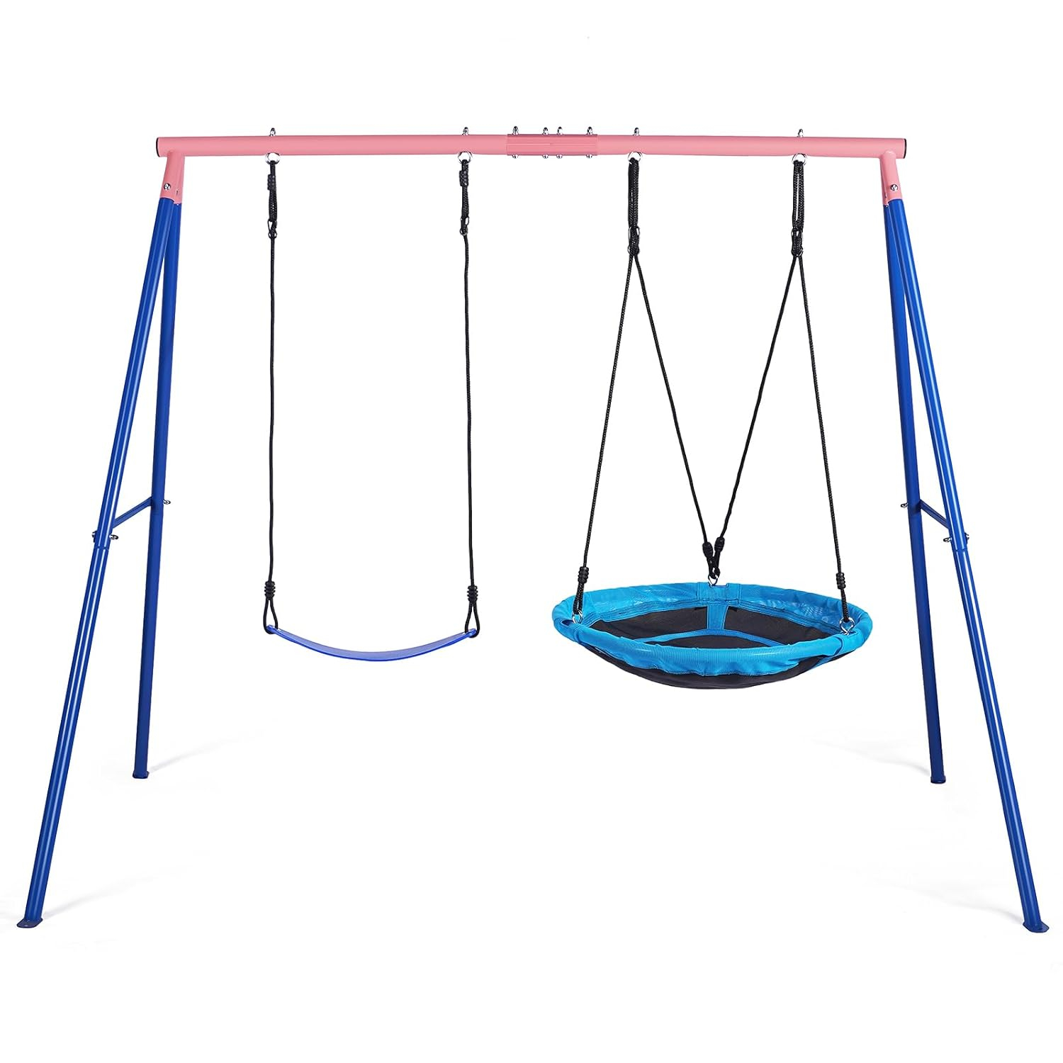 Outdoor Swings for Kids, 440lbs, Heavy-Duty A-Frame Metal Outdoor Swing Stand, 1 Saucer & 1 Belt Swing Seat for Playground, Backyard Blue