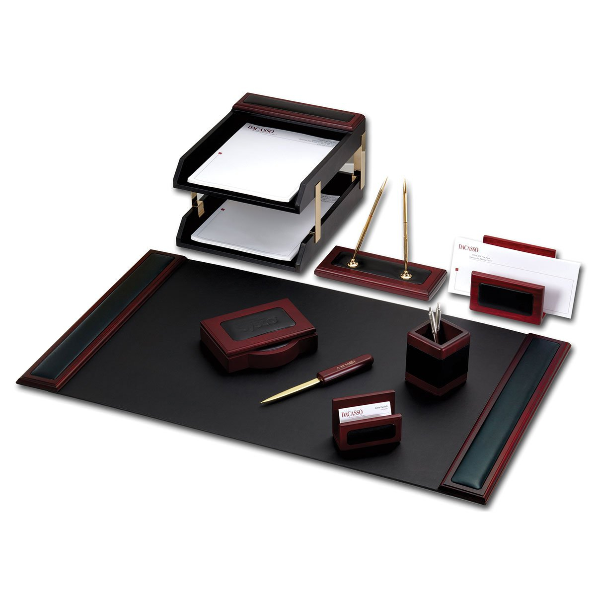 Dacasso Rosewood and Leather Desk Set, 10-Piece