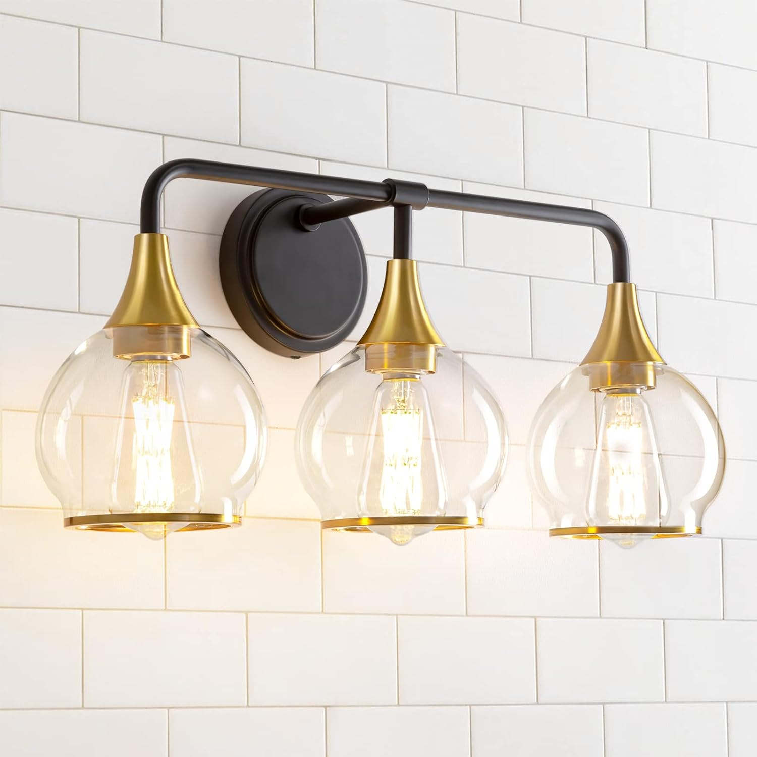 Black and Gold Bathroom Light Fixtures 2-Lights Vanity Lights with Clear Glass Shade Bathroom Vanity Light 14 Inch Wall Sconces(Exclude E26 Bulb)…
