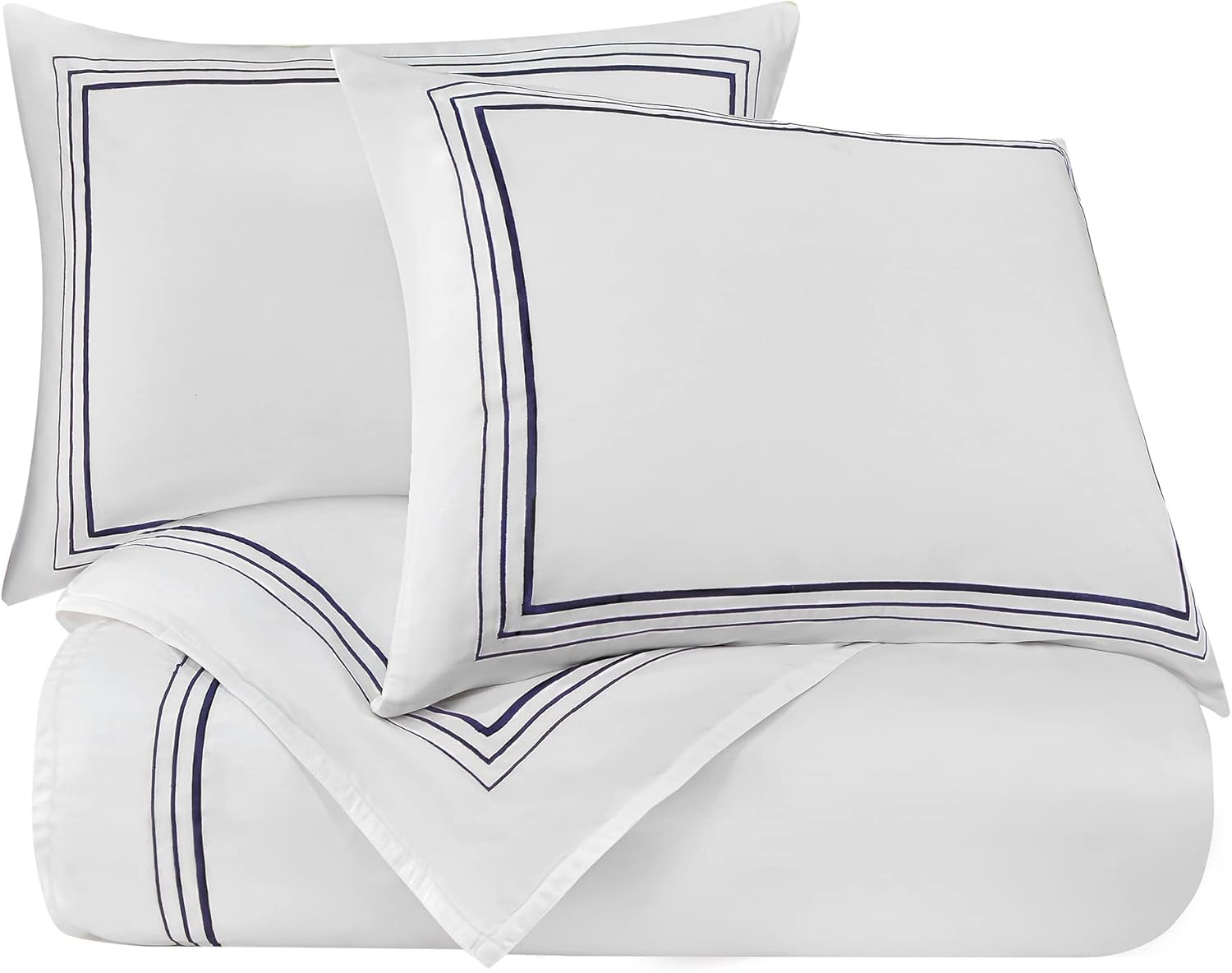 HiEnd Accents Border Embroidery 3 Piece Duvet Cover Set, King Size, White with Navy Embroidery, Modern Classic Hotel Style Cotton Luxury Bedding, 1 Comforter Cover and 2 Pillowcases