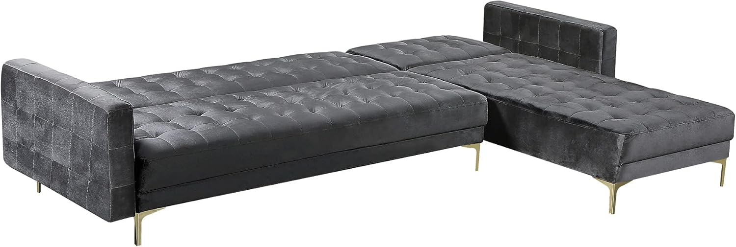 Luxurious Gray Velvet Tufted Sectional with Gold Metal Legs
