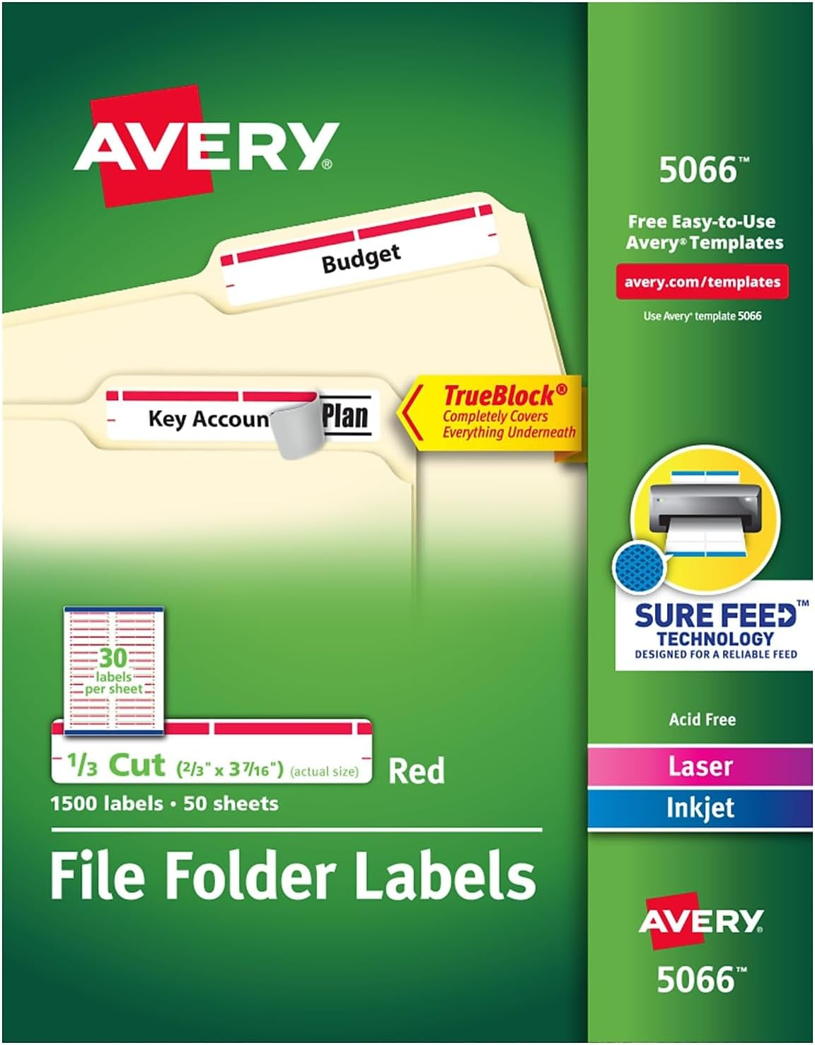 Avery File Folder Labels, 2/3" x 3-7/16", White/Red (5066)