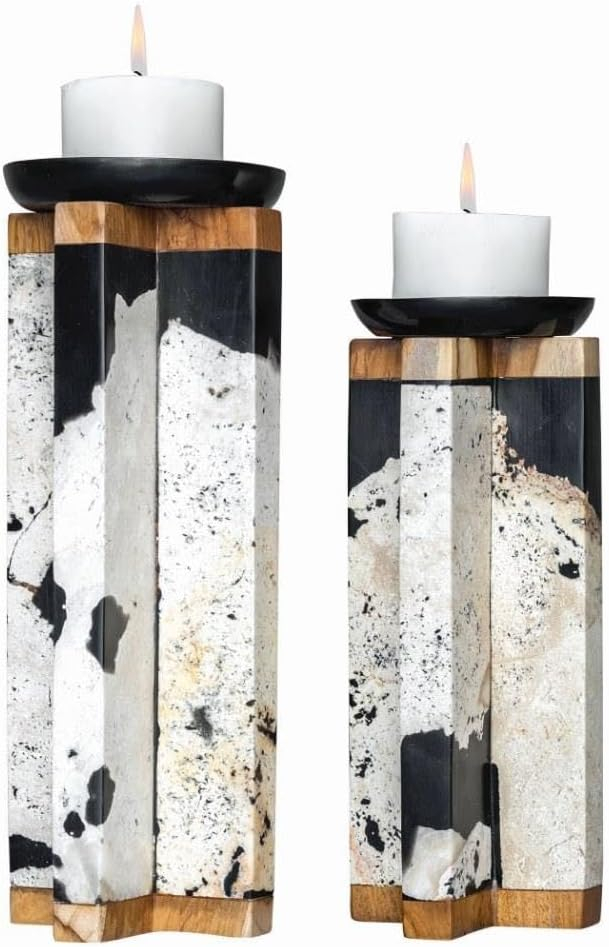 Black and Brown Teak Wood Stone Candle Holders Set