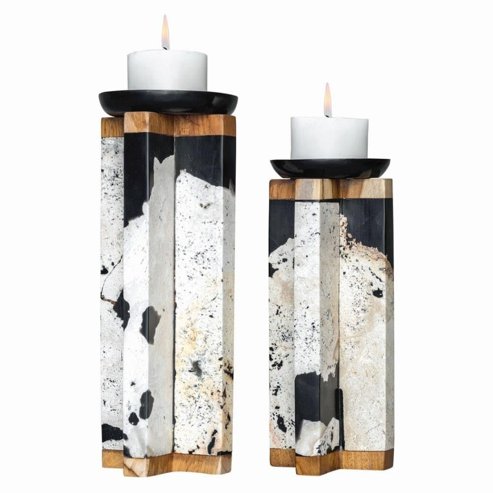 Black and Brown Teak Wood Stone Candle Holders Set
