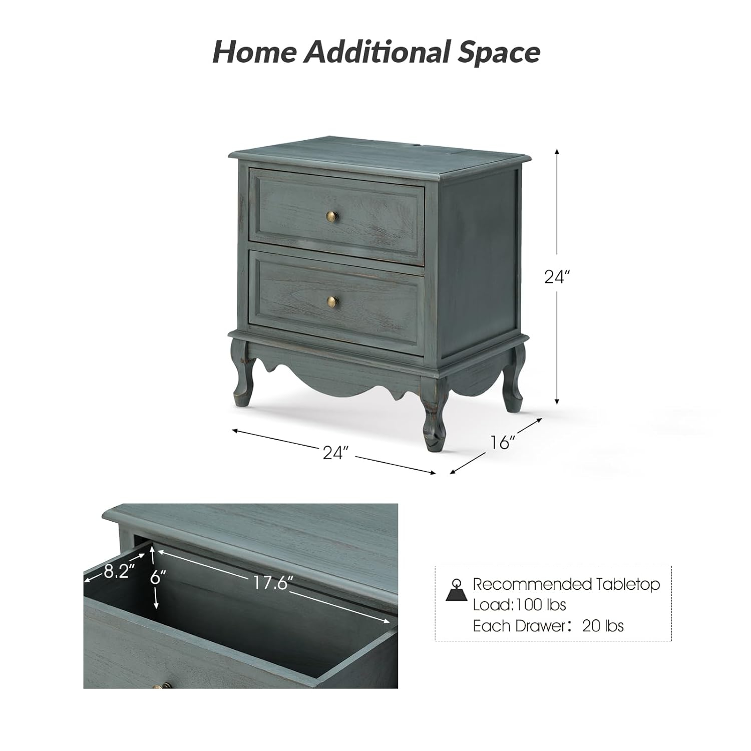Blue Solid Wood 2-Drawer Nightstands with Metal Handles