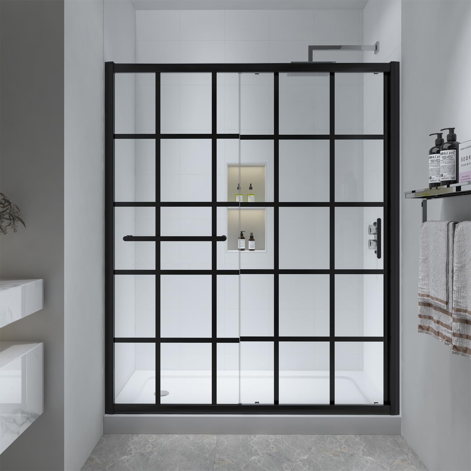 56-60" W x 72" H Framed Grid Pattern Single Sliding Shower Door with 1/4" (6mm) Clear SGCC Tempered Glass in Matte Black Finish, Reversible Installation