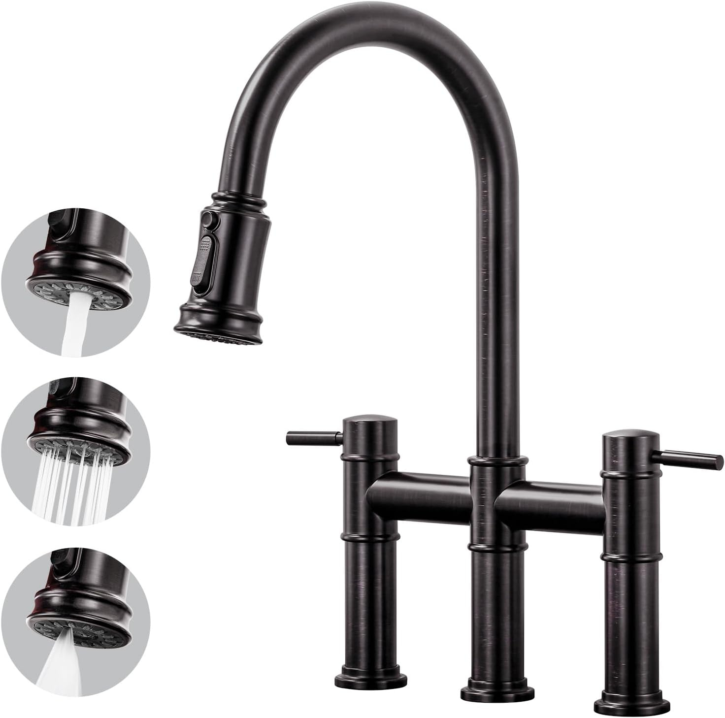 Double Handle Bridge Kitchen Faucet with Pull Down Sprayer in Oil Rubbed Bronze