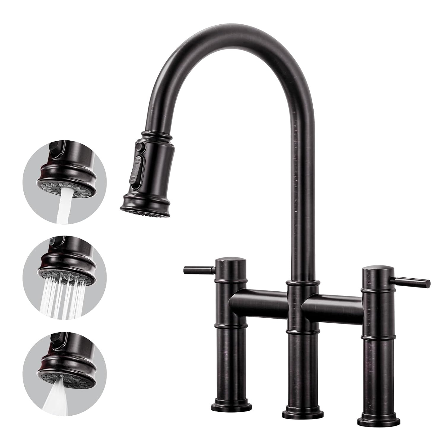 Double Handle Bridge Kitchen Faucet with Pull Down Sprayer in Oil Rubbed Bronze