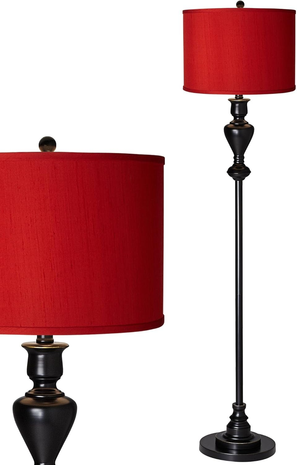 Traditional Black Bronze Floor Lamp with Red Metal Drum Shade
