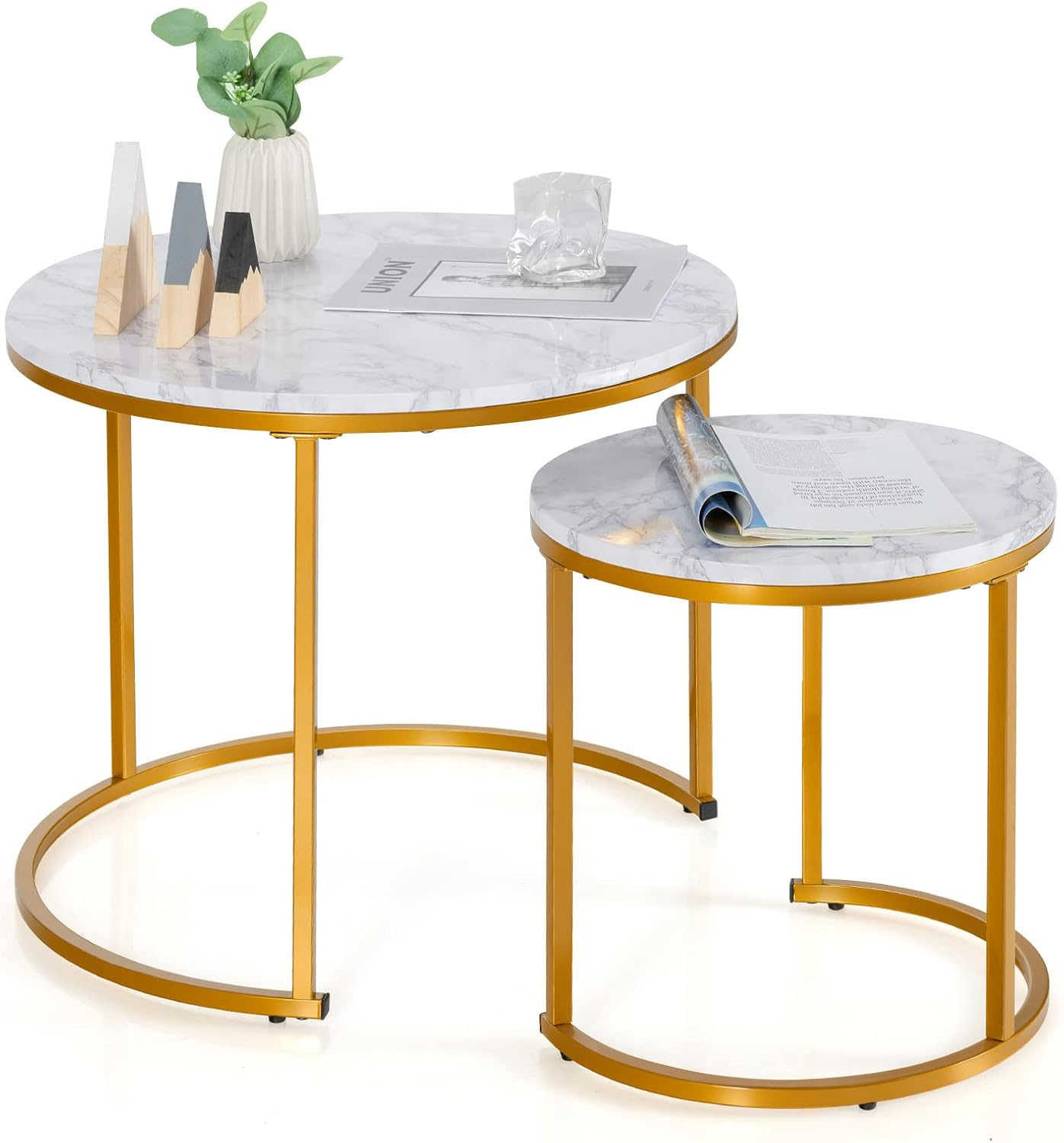 Costway Nesting Coffee Table Set of 2 for Balcony Living Room Modern Round Side Tables Rustic Brown