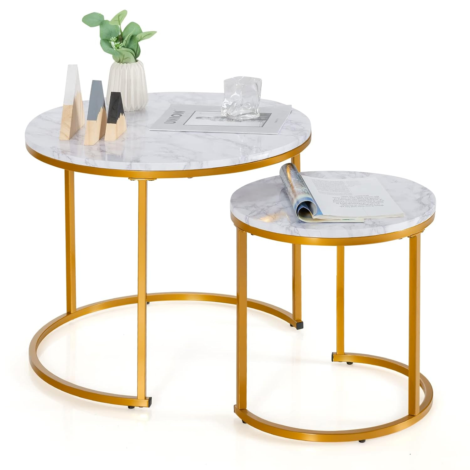 Costway Nesting Coffee Table Set of 2 for Balcony Living Room Modern Round Side Tables Rustic Brown