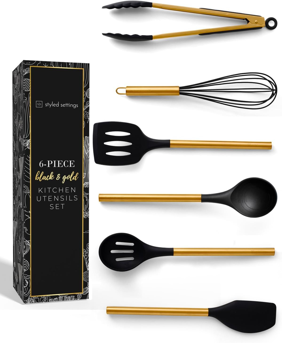 Black and Gold Kitchen Utensils Set 6PC Black Silicone Utensils Set Includes: Gold Tongs, Gold Whisk, Gold Serving Spoon, Gold Spatula & Turner-Black and Gold Kitchen Accessories & Gold Kitchen Decor
