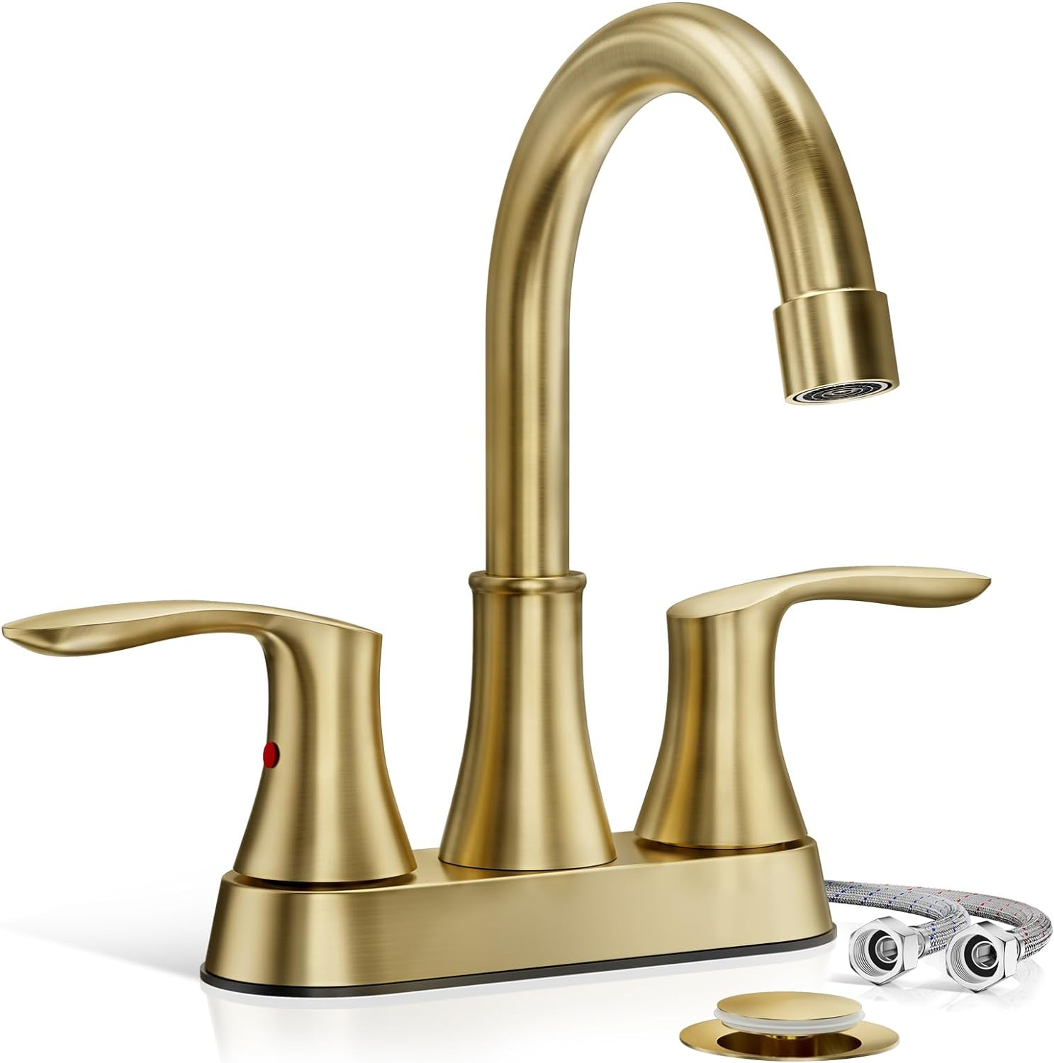 Phiestina 4 Inch 2 or 3 Hole Bathroom Sink Faucet Centerset Brushed Gold 2 Handle RV 360°Swivel Bath Vanity Faucet with Metal Pop Up Drain & Water Supply line, TY36-BG